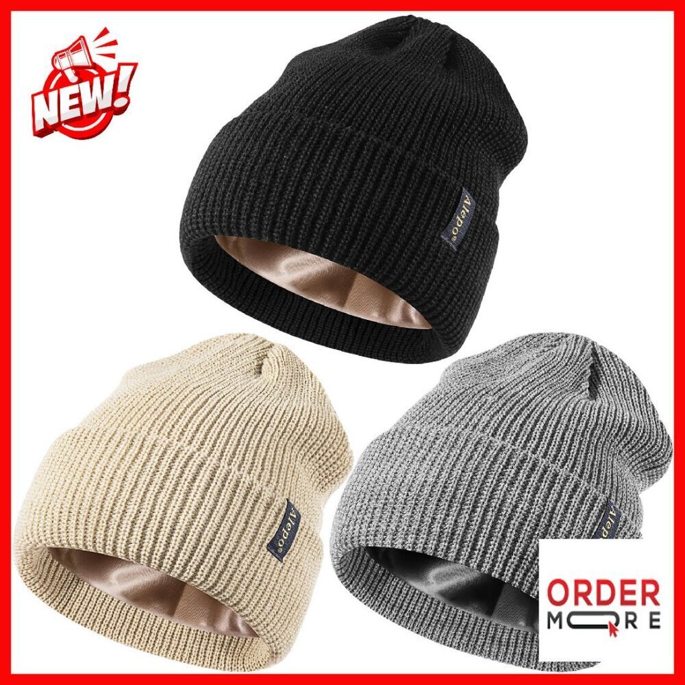 Satin Lined Winter Beanies 3-Pack, Warm Cable Knit Skull Caps